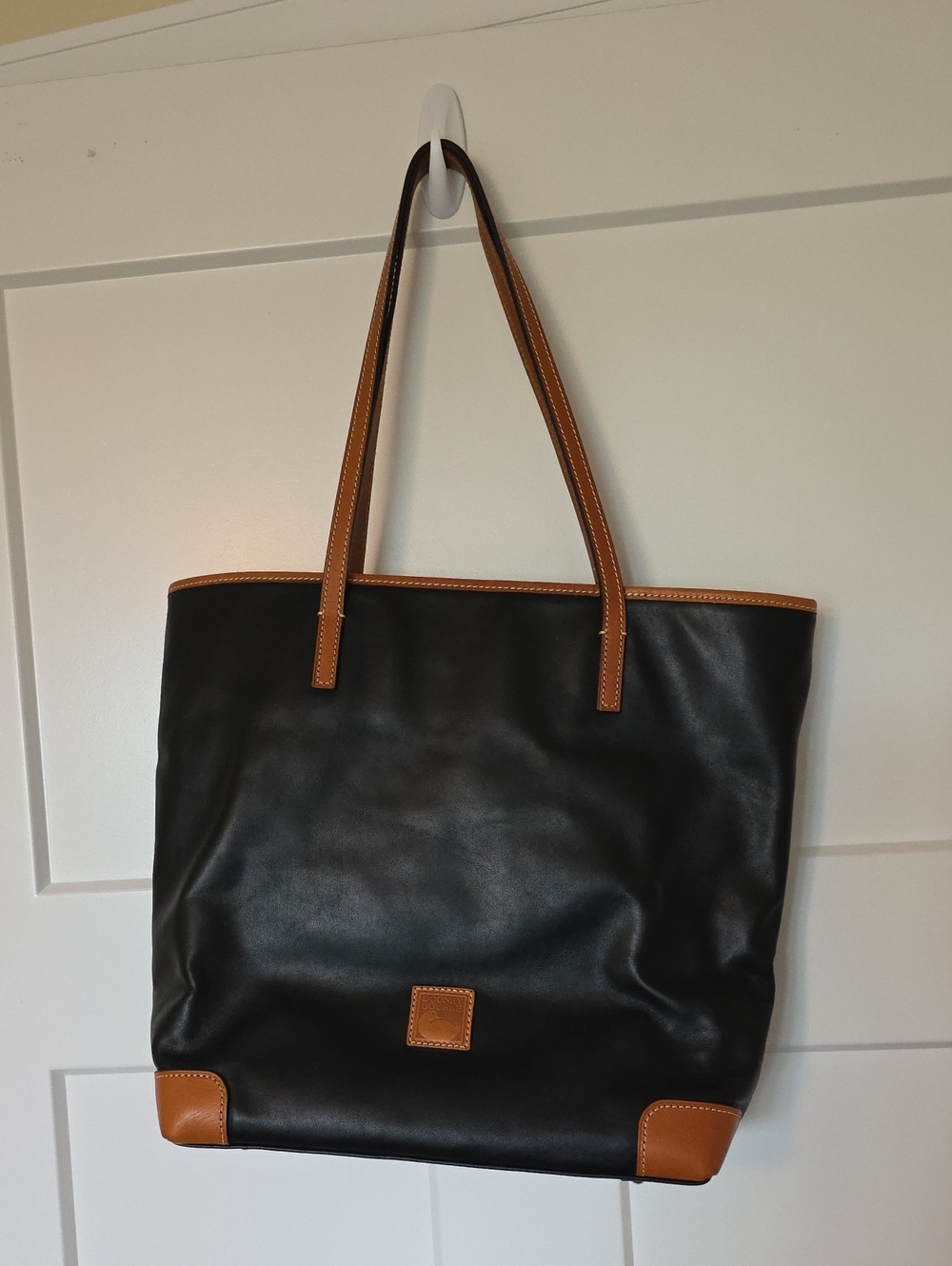 Dooney & Burke Black Leather Tote with Tan Trim